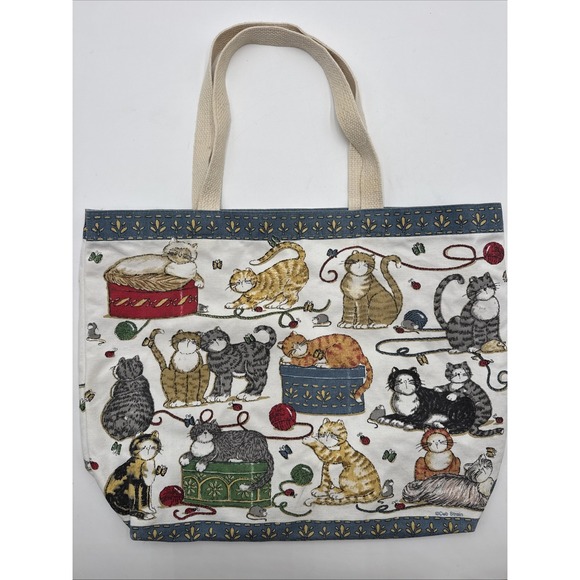 Pioneer Express Handbags - Deb Strain Fun Vintage Cat Large Tote Bag Double Handle Yarn Butterfly Ladybugs
